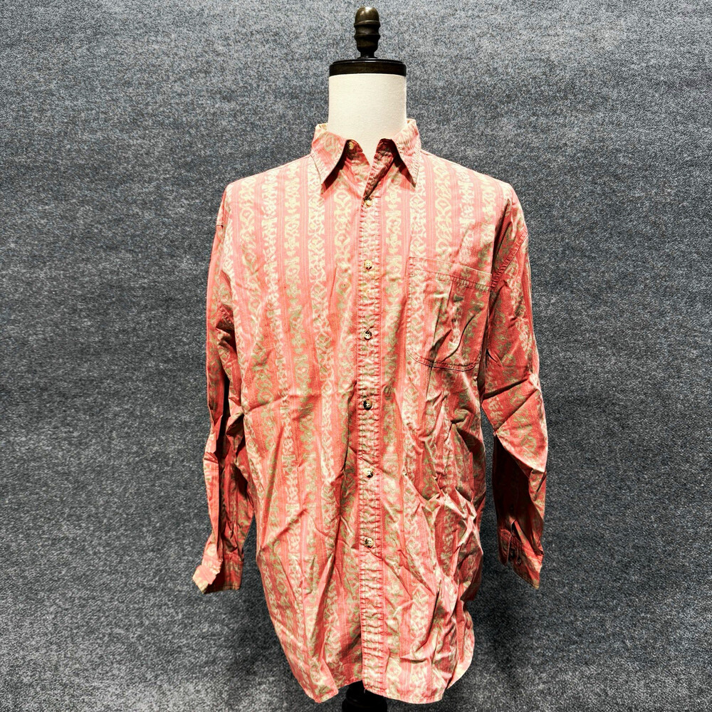 Vintage Garage Ikat Print Button Up Shirt Mens Size L Pink Tribal 90s Cotton